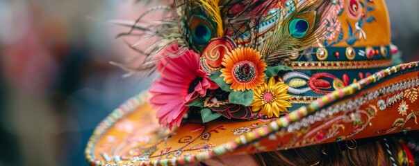 Fototapeta premium Close-up of a traditional Bavarian hat with feathers and intricate embroidery at Oktoberfest.