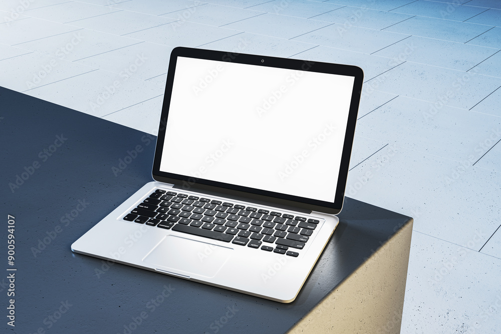 Poster Modern laptop with blank screen on a sleek surface. 3D Rendering