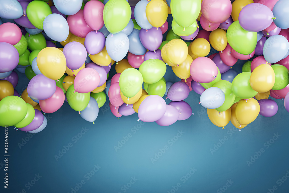 Poster colorful balloons floating against a blue wall backdrop. 3d rendering