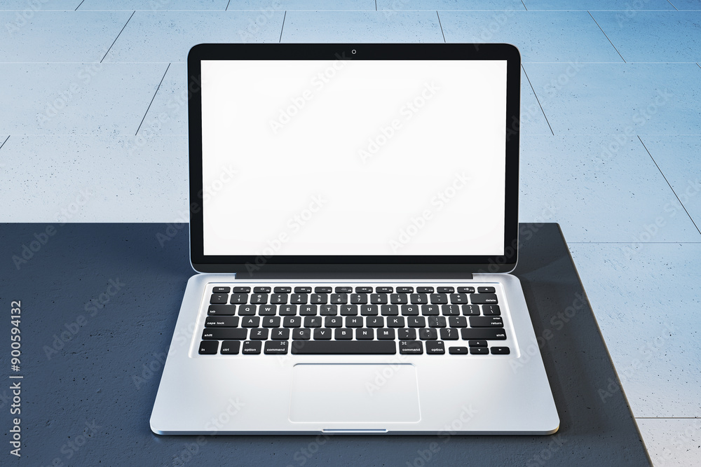 Poster Modern laptop with blank screen on tiled surface background. 3D Rendering