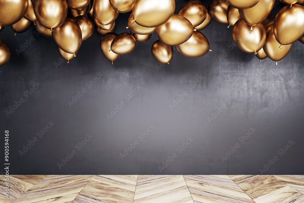 Poster Gold balloons hanging from the ceiling in an empty room with a dark wall. 3D Rendering