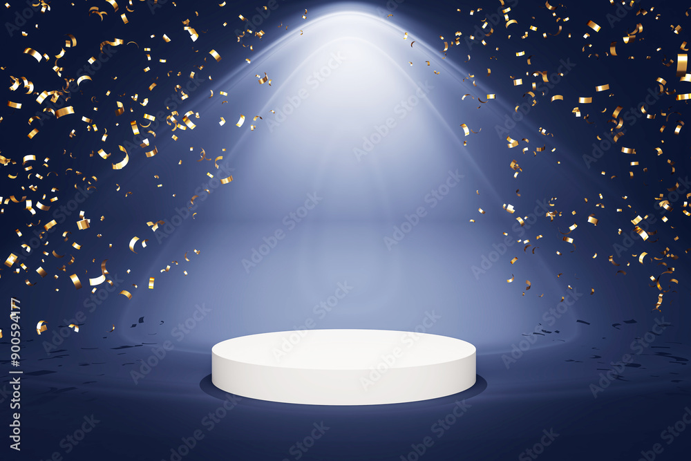 Poster empty white podium on dark background with golden confetti. 3d rendering