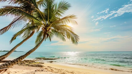 Fototapeta premium Serene Tropical Beach Scene With Turquoise Water and Swaying Palm Trees at Sunset