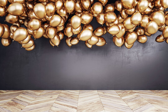 Elegant room interior with golden balloons on the ceiling. 3D Rendering