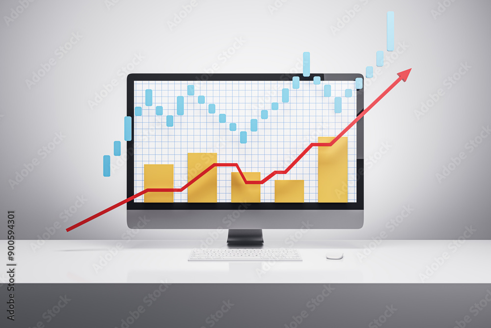 Poster Business graph on computer screen showing growth and upward trend. 3D Rendering