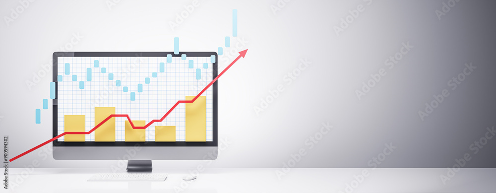 Poster Computer monitor displaying upward-trending stock market graph and chart. 3D Rendering