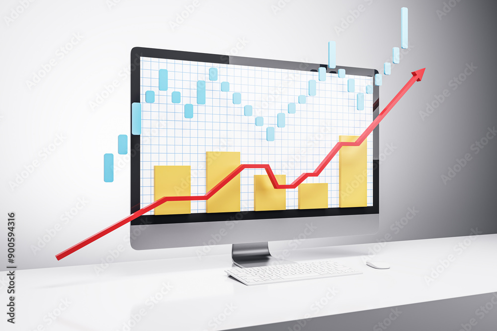 Poster Graph and chart showing market growth on computer screen. 3D Rendering