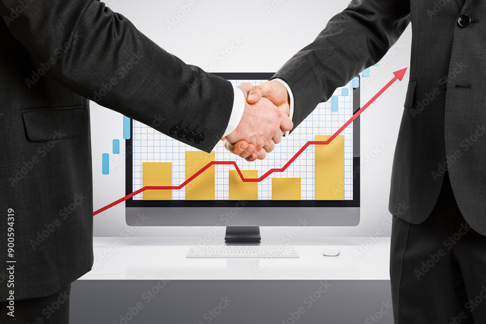 Poster Two businessmen shaking hands in front of a computer displaying upward growth chart.