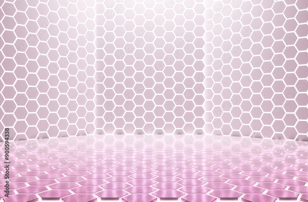 Poster Hexagonal patterned wall and floor in a modern interior space. 3D Rendering