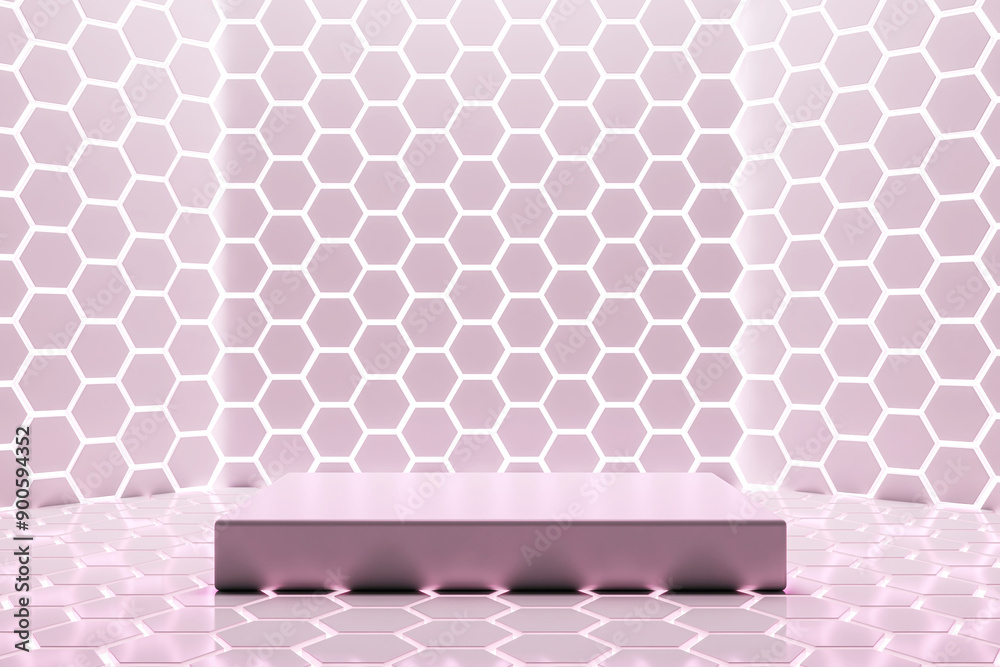 Poster Pink podium on hexagonal patterned background in futuristic room. 3D Rendering