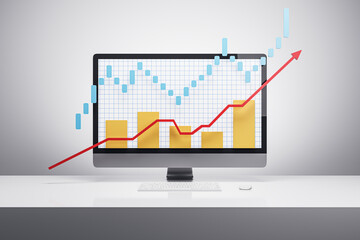 Business graph on computer screen showing growth and upward trend. 3D Rendering