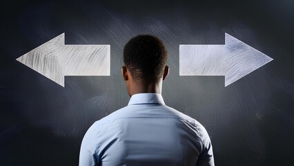 A man is faced with a choice of which direction to choose, a view from the back. Two arrows in one direction and another are drawn with chalk on a dark board. The concept of a good or bad choice.
