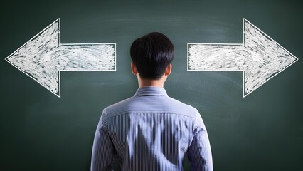 A man is faced with a choice of which direction to choose, a view from the back. Two arrows in one direction and another are drawn with chalk on a dark board. The concept of a good or bad choice.