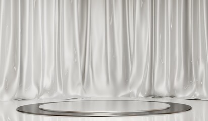 Cloth podium, curtain, circle stage, circle base, showroom, 3D illustration