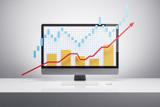 Business graph on computer screen showing growth and upward trend. 3D Rendering