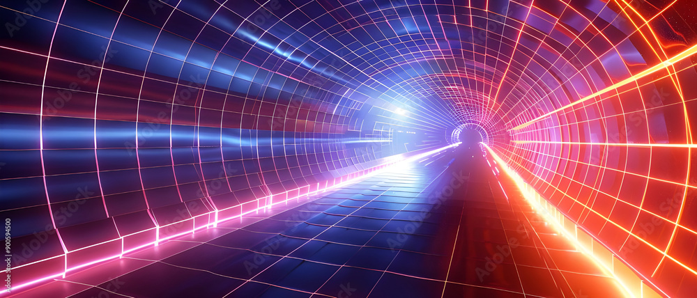 Poster A dynamic neon grid tunnel illuminated by vibrant lights, creating a futuristic and immersive visual experience.