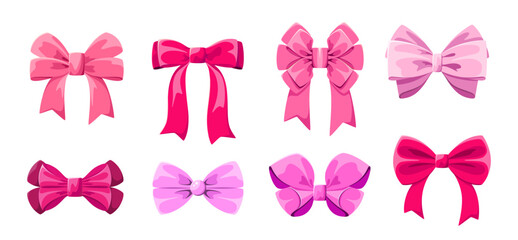 A set of festive pink bows on a white background. Cartoon style. Vector illustration.