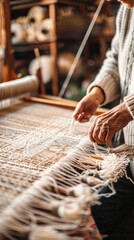 A woman is sitting at a loom, working on a piece of fabric