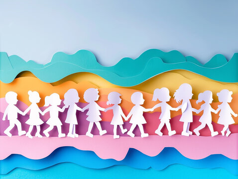 Diverse children group illustration in abstract layered paper cut style. Kid team silhouette for school student or education concept. 