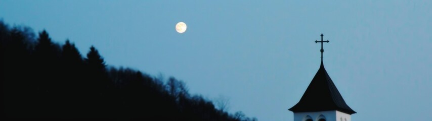 Eerie Moonlit Glow on Ancient Church, an atmospheric scene highlighting the church's weathered stones under a haunting lunar light, surrounded by a minimalist landscape.