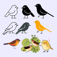 Cute birds cartoon hand drawn character in children style vector illustration. Domestic animal collection  isolated on white background.