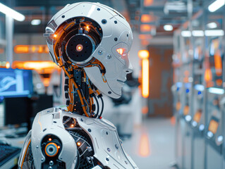 Fototapeta premium Innovative Robotics Engineer Programming Robot in High-Tech Lab