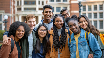 Obraz premium Diverse Group of Friends Smiling Outside Historic Building