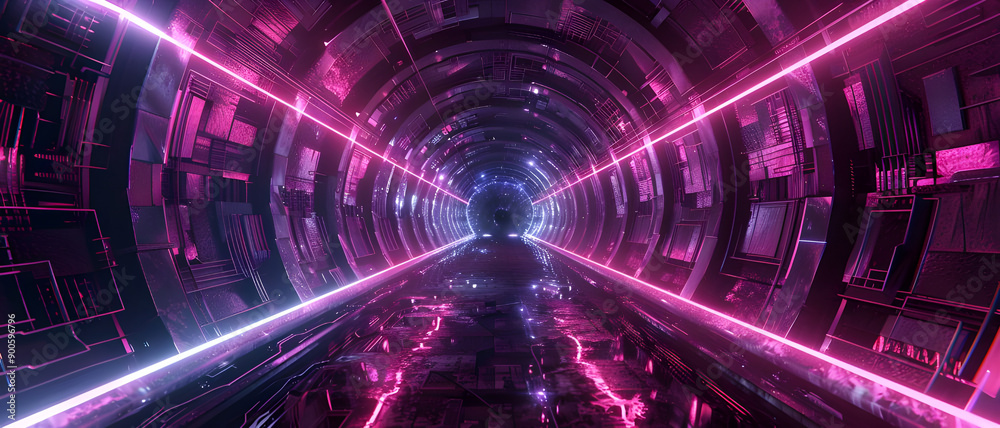 Poster a futuristic tunnel illuminated with vibrant pink neon lights, showcasing a high-tech and sci-fi ins