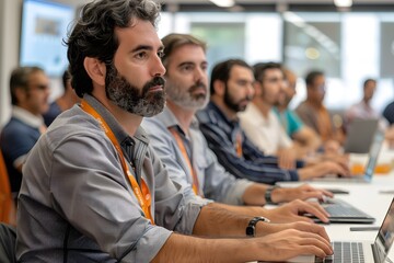 Fototapeta premium Engaged Minds in the Digital Age: A focused group of professionals engrossed in a tech conference, highlighting the importance of learning and collaboration in the modern workplace. 