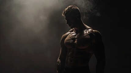 A man with a muscular body stands in a dark room with smoke in the background
