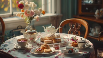 Fototapeta premium The food menu is cakes and a cup of tea served at a table with a classic theme