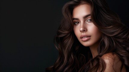 Fototapeta premium A woman with long brown hair is standing in front of a black background