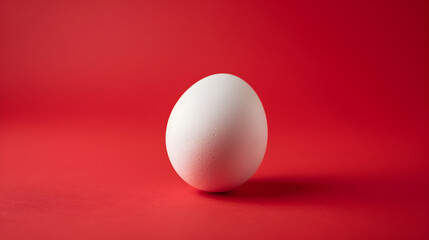 A solitary white egg sits on a vibrant red surface, minimalist and visually striking.