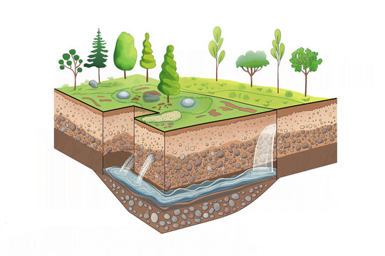 A detailed diagram of an underground water conservation system that captures stormwater runoff for purification and reuse, illustrated with layers of soil and infrastructure