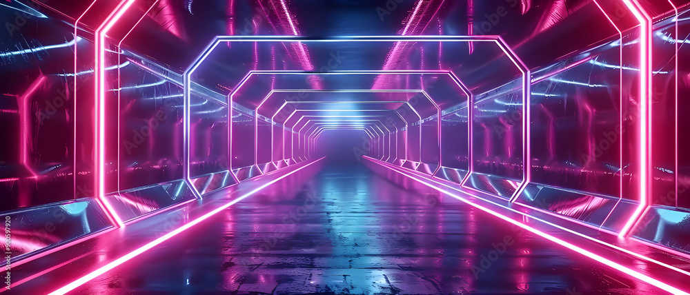 Aufkleber A sleek, futuristic tunnel illuminated with vibrant neon lights and geometric patterns, creating a visually captivating and modern atmosphere.