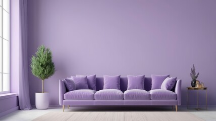 Interior design mockup with Very Peri trend, lavender wall, and blue violet sofa, 3D rendering.