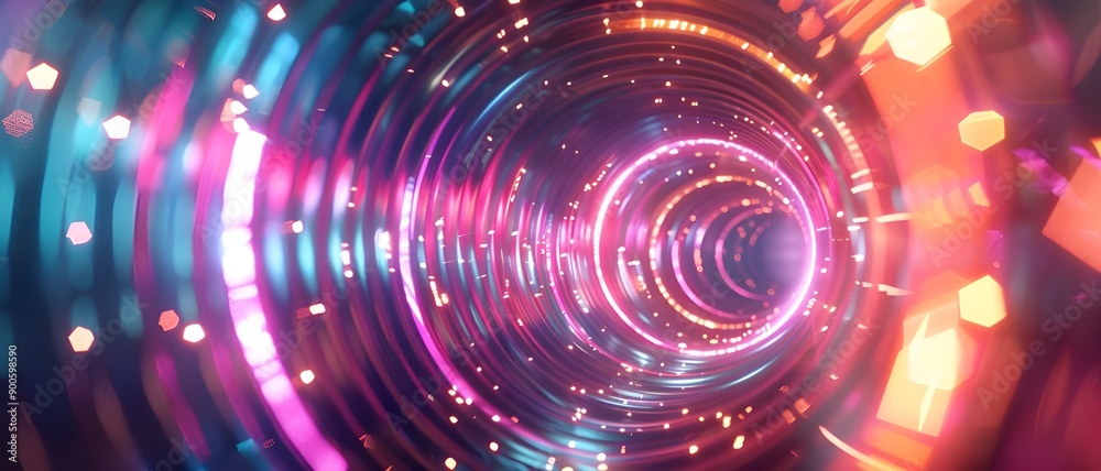 Poster A vibrant neon tunnel illuminated by colorful lights and glowing particles, creating a dynamic and futuristic visual experience.