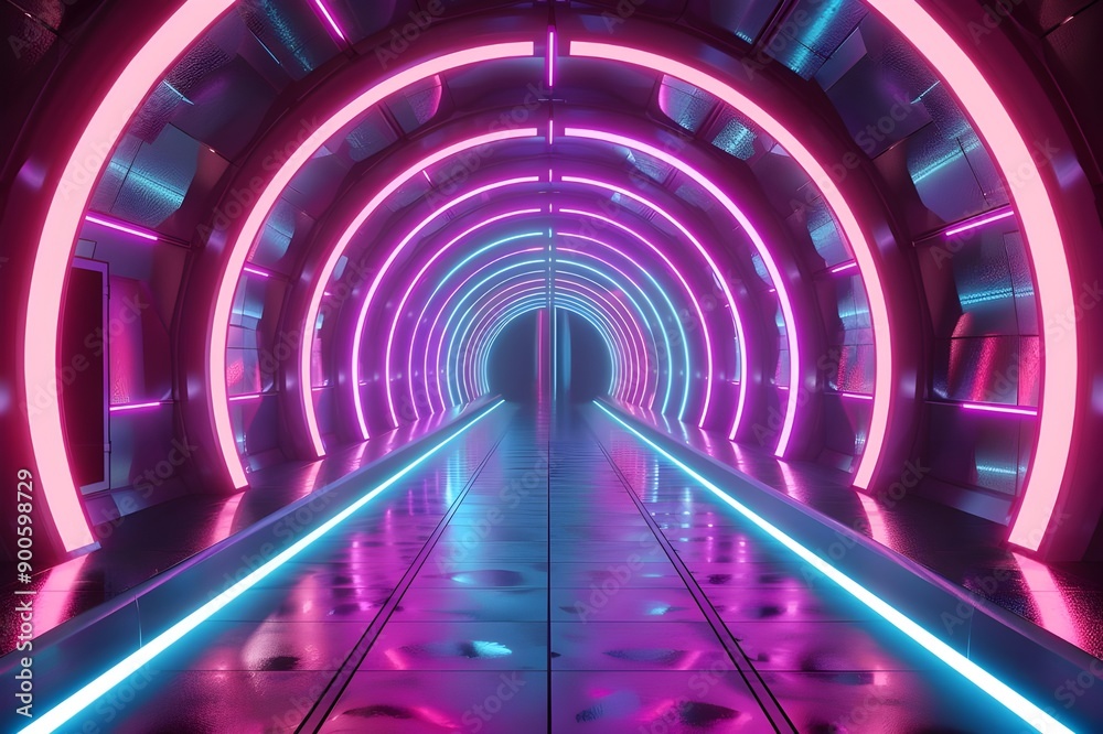 Poster a futuristic tunnel illuminated with vibrant pink and blue neon lights, creating a mesmerizing and m