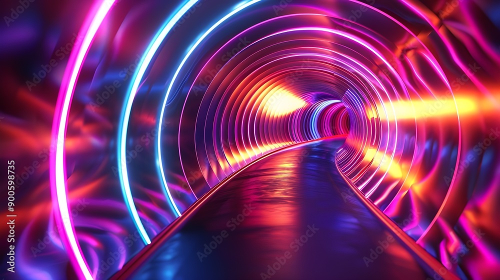 Aufkleber A mesmerizing neon tunnel illuminated with vibrant, futuristic lights creating a dynamic and immersive visual experience.