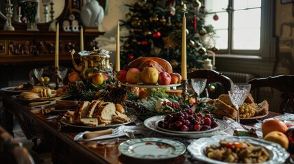 Fototapeta premium A menu of drinks and fruit is served on the table for family meals.
