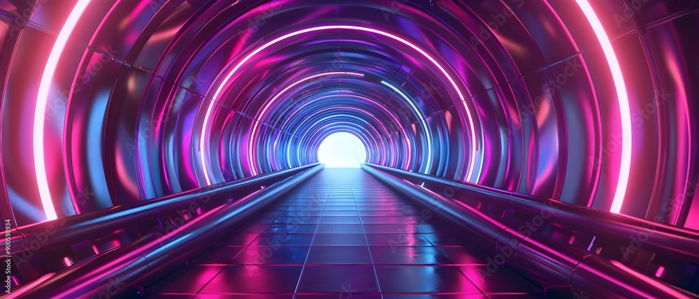 Poster a vibrant futuristic tunnel illuminated by neon lights in pink and blue hues, creating a mesmerizing