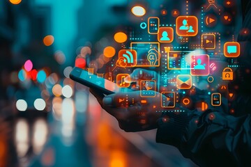 Social media marketing and digital marketing. A man is standing on a city street in the evening against the background of night city lights and holding a cell phone