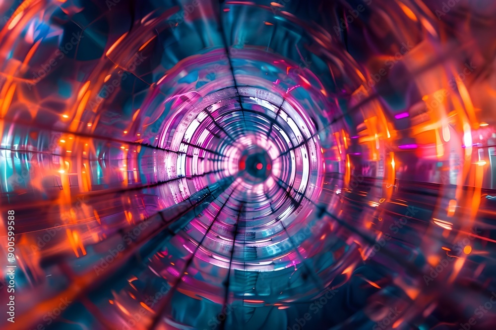 Poster A dynamic and vibrant tunnel illuminated with colorful neon lights, creating a futuristic and immersive visual experience.