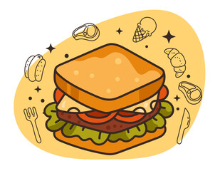 Isolated on white background set of junk fast food flat line modern style. Vector flat graphic design cartoon illustration 