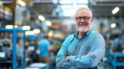 Fototapeta premium Senior Engineer Smiling in a Modern Factory Setting