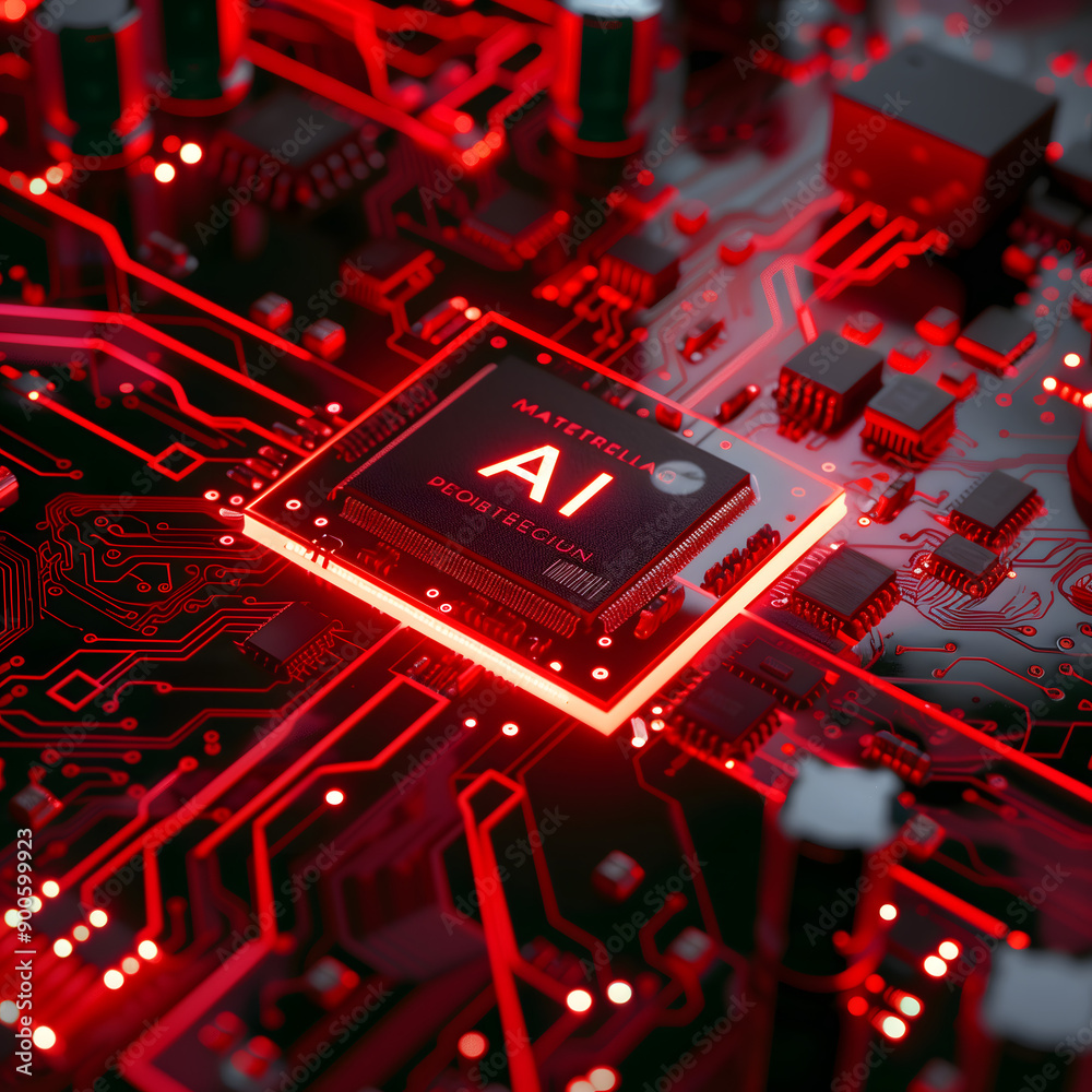 Aufkleber ai processor: a glowing red ai chip illuminates a complex circuit board, symbolizing the power and p