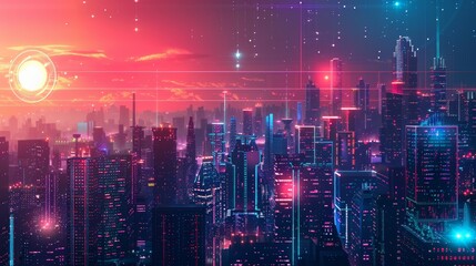 Obraz premium cityscape with space and neon light effect. Modern hi-tech, science, futuristic technology concept. Abstract digital high tech city design for banner background