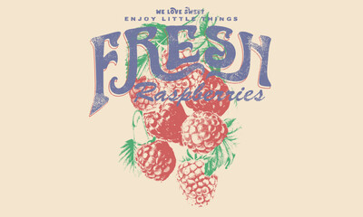 Fresh raspberry artwork. Organic fruit market. raspberry fruit print. Nature fruit club print design. Organic berry food artwork for for t-shirt. Fruit vintage t-shirt design.