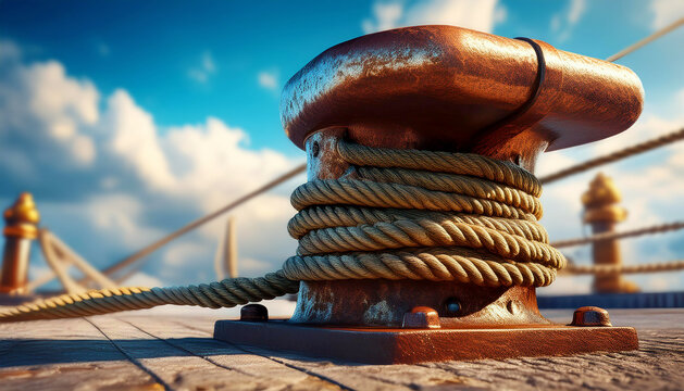 Close-up and bottom view of a rusty mooring bollard with ropes or hawsers on the quay of the port against a blue sky with clouds. Mooring concept for very large ships. Generative Ai.