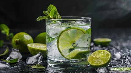 Fototapeta premium Mojito Fresh lemon water drink menu with lemon slices.